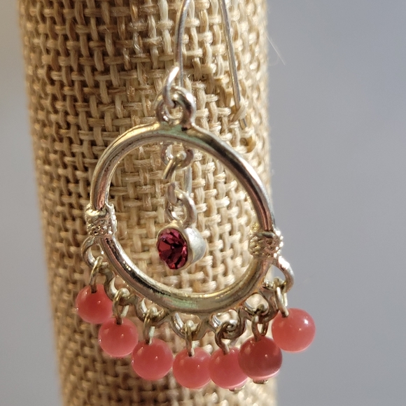 Silver Tone Pink Cats Eye Beaded Chandelier Earrings w/ Hot Pink Rhinestones - Picture 2 of 7